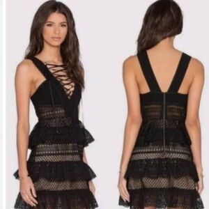 New Self-Portrait Lace Up Plunging V Ruffle Mini Dress Black Size 4